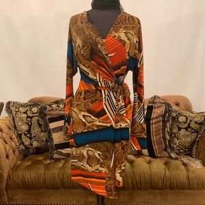 Warm Toned Multi-Print Wrap Dress